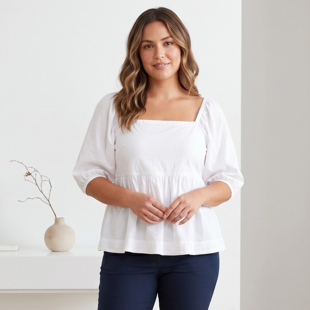 Free Assembly Blouse Womens Small White Square Neck Puff Sleeve Textured Peasant